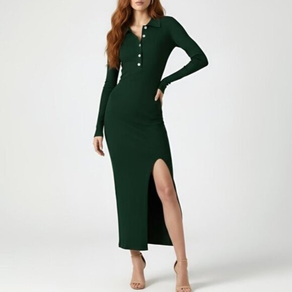 House of Harlow Ribbed Knit Collared Henley Midi Dress Evergreen S NWT - Picture 1 of 13